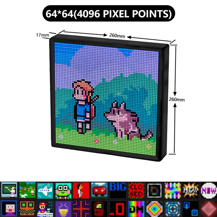 The LED Pixel Display 64x64 RGB LED Matrix Panel showcases pixel art of a person and a dog outdoors. This 260mm square, 17mm thick display, with USB plug and Bluetooth app control, features charming row icons to enhance any space.