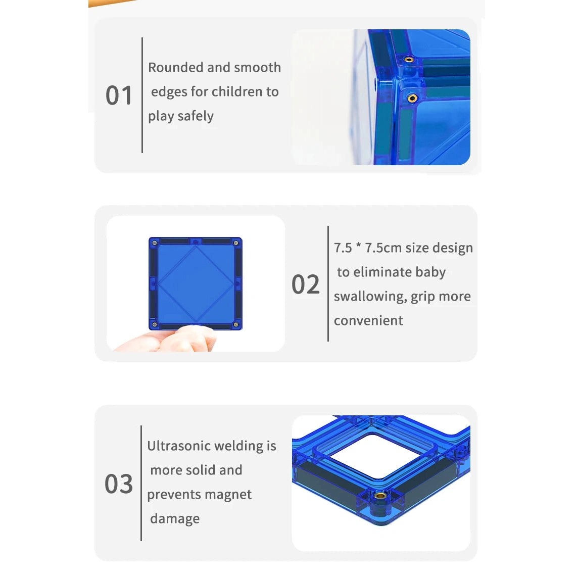 Three panels showcase the features of the Magnetic Building Blocks with Cars: 1) Rounded edges for safety, 2) A 7.5 cm design to prevent swallowing, and 3) Solid ultrasonic welding to secure magnets. Perfect for sparking creativity and enhancing fine motor skills in kids ages 3-8.