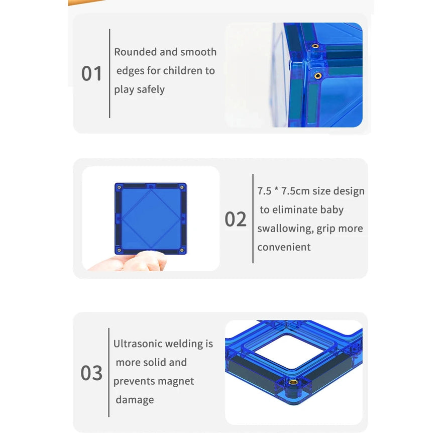 Three panels showcase the features of the Magnetic Building Blocks with Cars: 1) Rounded edges for safety, 2) A 7.5 cm design to prevent swallowing, and 3) Solid ultrasonic welding to secure magnets. Perfect for sparking creativity and enhancing fine motor skills in kids ages 3-8.