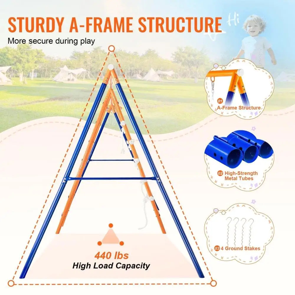 Infographic of the for backyard 6 in 1 Metal Swing Set for Kids, featuring blue and orange metal tubes, 440 lbs capacity, frame assembly diagrams, metal tubes, and 4 ground stakes. Text highlights durable structure and play safety.