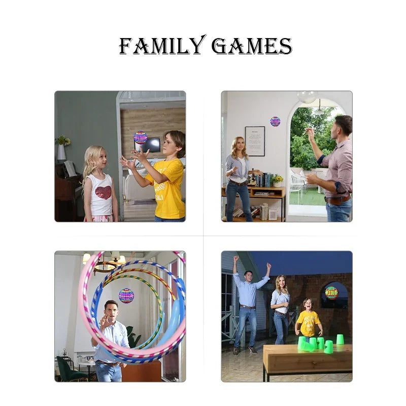 A collage of four images shows a family playing indoors, featuring the Magic Flying Ball Mini Toy Automatic Obstacle Avoidance UFO Boomerang Spinner for adults and kids. The text Family Games appears above the images.