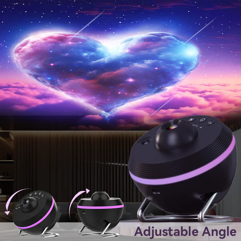 The 12 IN 1 Galaxy Star Projector with Meteor Ultra Clear Night Light Lamp projects a colorful nebula and stars onto the ceiling. Its LED bulbs shine in a purple glow, and the adjustable angle is shown at the bottom right for flexible placement.
