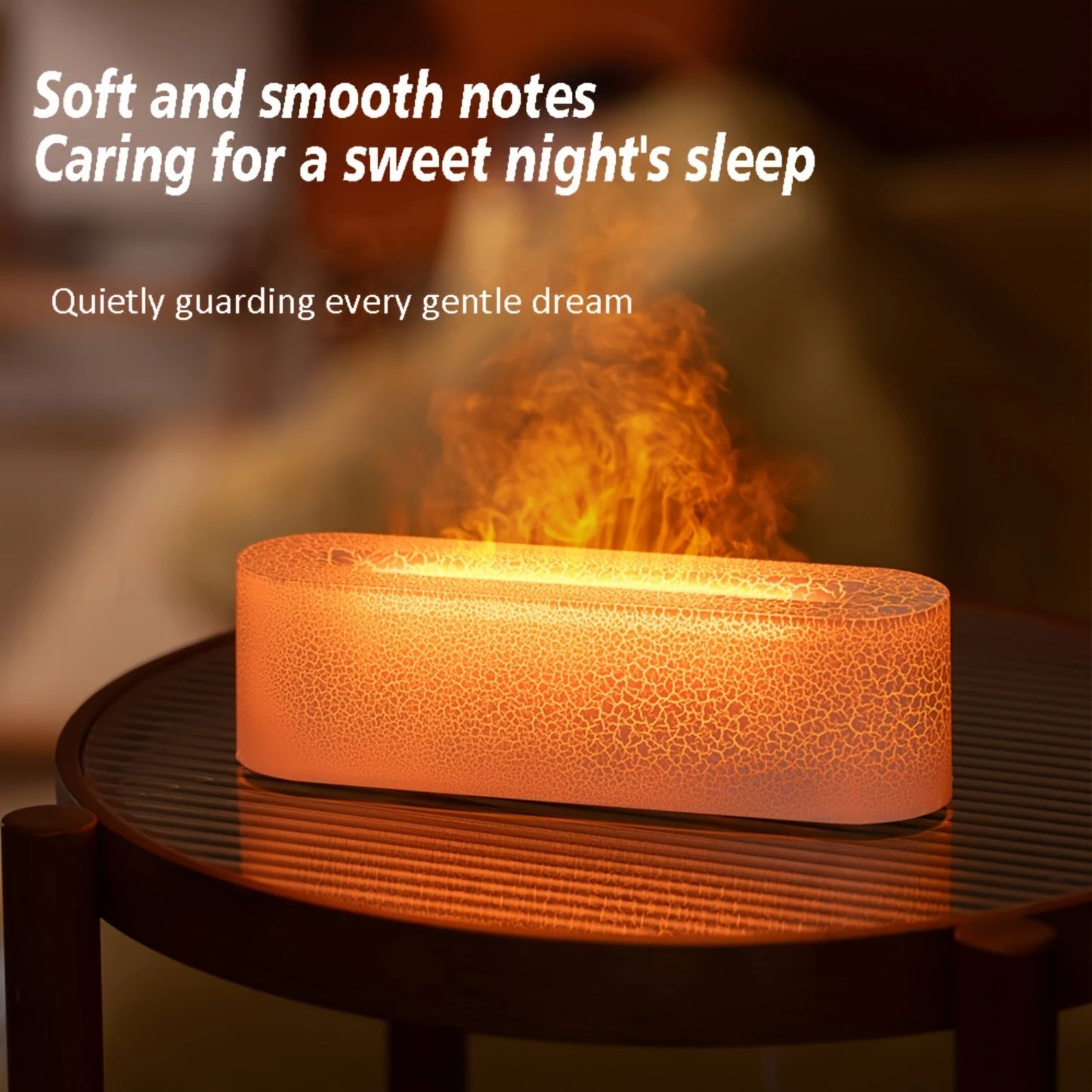 A Lava Flame Cool Mist Humidifier with Color Changing Lamp sits on a round, striped wooden surface. Above is the text, Soft and smooth notes, Caring for a sweet nights sleep, and below reads, Quietly guarding every gentle dream. The color-changing lamp adds tranquility to any space.