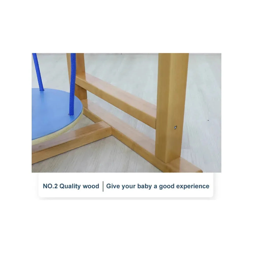 A wooden balance beam with blue features stands on a light floor. Text below reads: NO.2 Quality wood | Offer your child a great experience with our Indoor Wooden Balance Beam Sensory Training Toy for Children 3-12 Years.