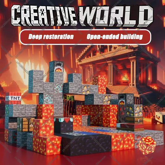 A vibrant block structure from the Magnetic Building Blocks Mine World Magnet Cube Set for Kids Ages 3+ stands before a glowing lava temple. Text: “CREATIVE WORLD,” “Deep restoration,” and “Open-ended building.” Blocks, chests, TNT visible.