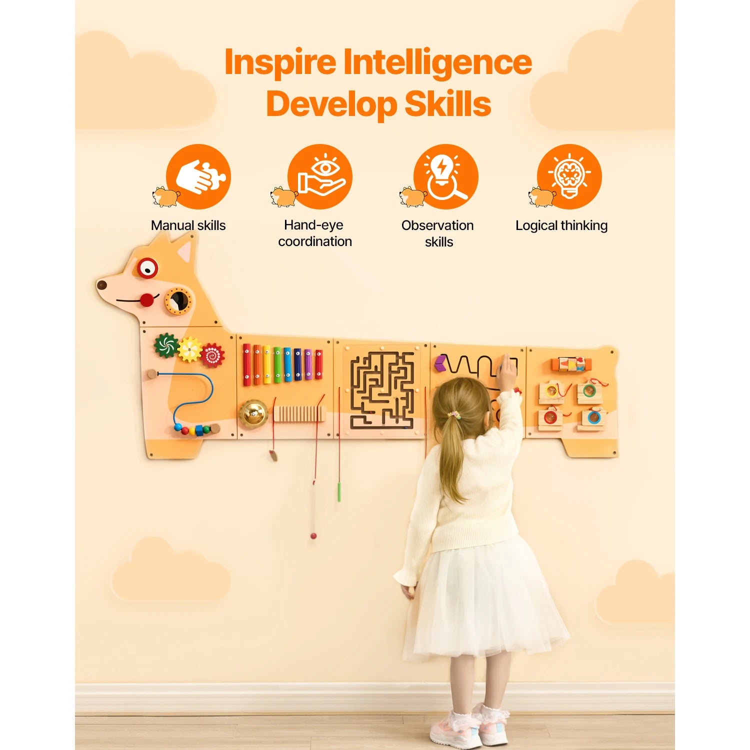 A young girl in a white dress enjoys the Vevor Puppy Kids Wall Busy Panel, featuring 12 activities like gears and mazes that promote Montessori sensory learning, manual skills, hand-eye coordination, and logical thinking.