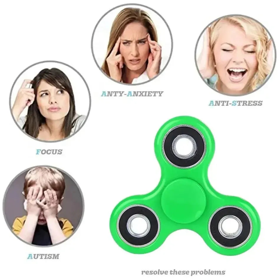 A Premium ABS Tri-Spinner Fidget Toy is centered in green. Surrounding it are images labeled Stress Relief, Anti-Anxiety, Focus, and Autism showing relevant expressions. Text at the bottom reads, resolve these problems.