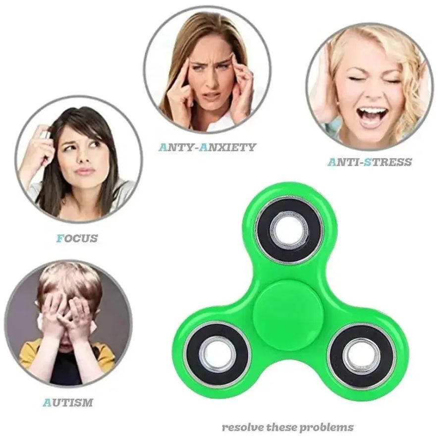 A Premium ABS Tri-Spinner Fidget Toy is centered in green. Surrounding it are images labeled Stress Relief, Anti-Anxiety, Focus, and Autism showing relevant expressions. Text at the bottom reads, resolve these problems.