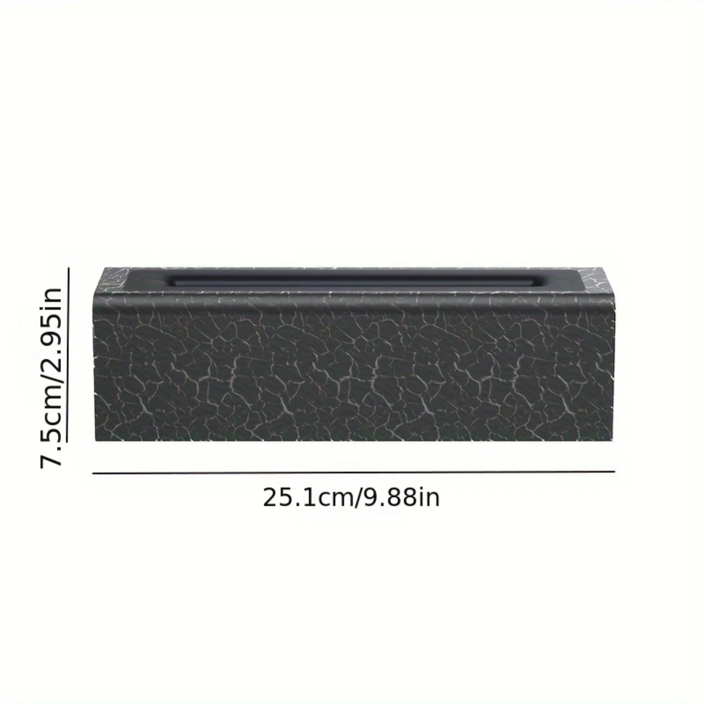 The rectangular black box, featuring a cracked pattern and measuring 25.1 cm by 7.5 cm, contains the Lava Flame Cool Mist Humidifier with Color Changing Lamp, perfect for creating a soothing ambiance in your home, office, or car through its cool mist technology.