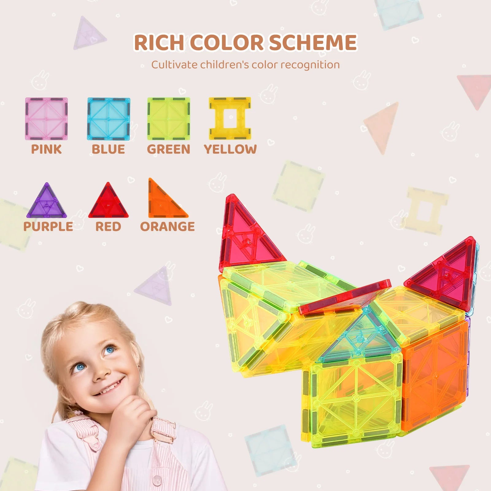A young girl beams at the VEVOR 32PCS Colorful Magnetic Building Tiles Set, a durable STEM educational stacking toy in vibrant red, yellow, blue, and orange that enhances color recognition and sparks creativity for endless fun.
