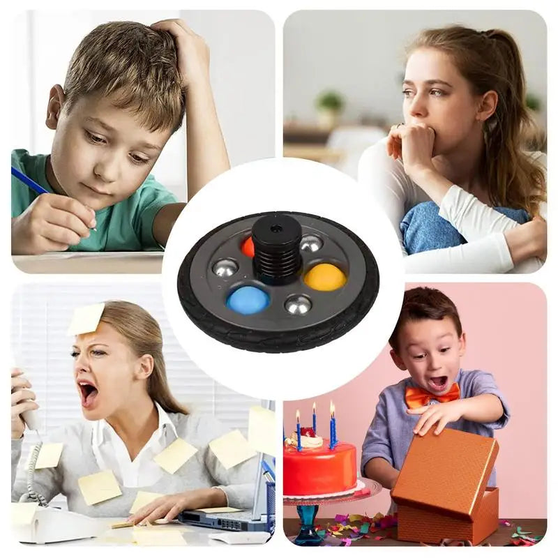 A collage shows four people with various emotions around a Pop Fidget Toy Gyro—a colorful spring mechanism bubble pop rubber tire fidget toy from Mainland China, ideal for birthdays and classroom prizes.