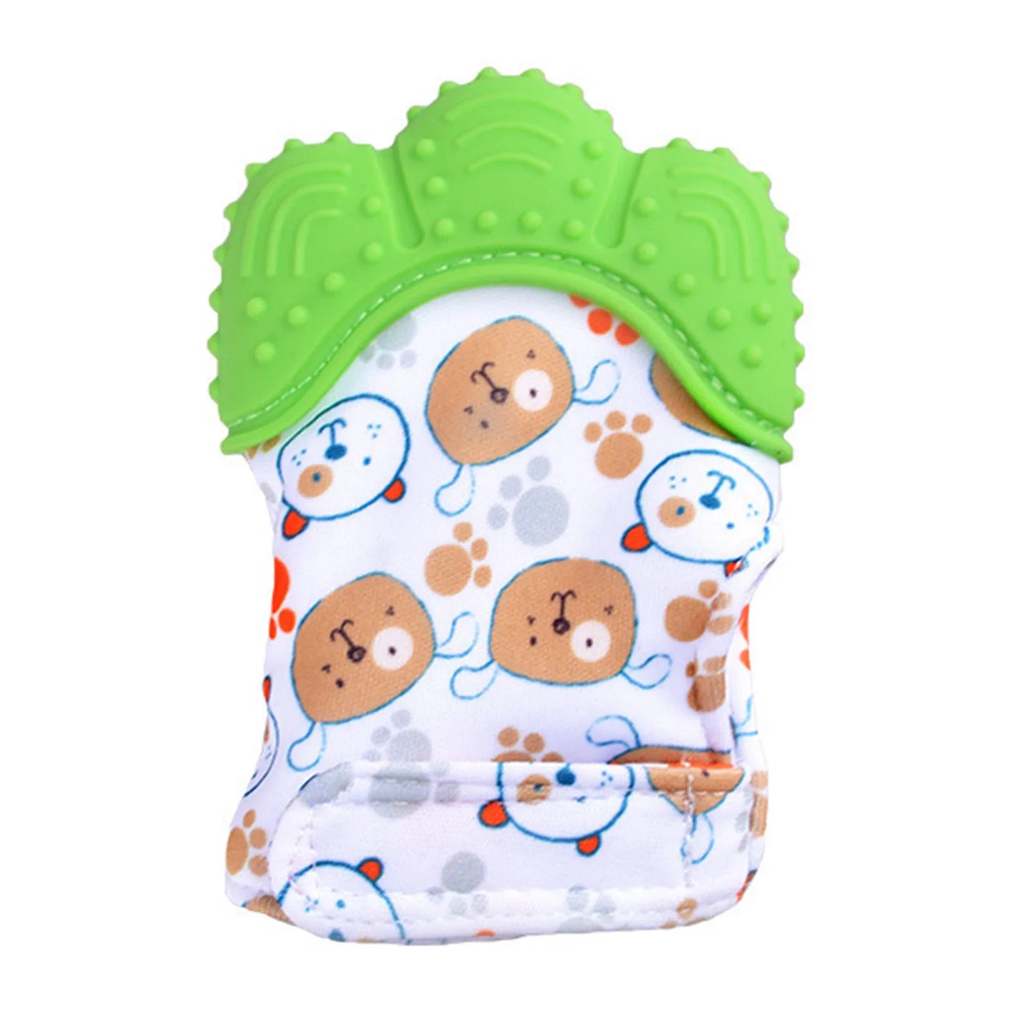 The Baby Silicone Mitts Teething Mitten Cartoon Shaped Glove Soft Teether is green, made from safe silicone, textured on top, and features a colorful fabric base decorated with adorable bear faces and paw prints.