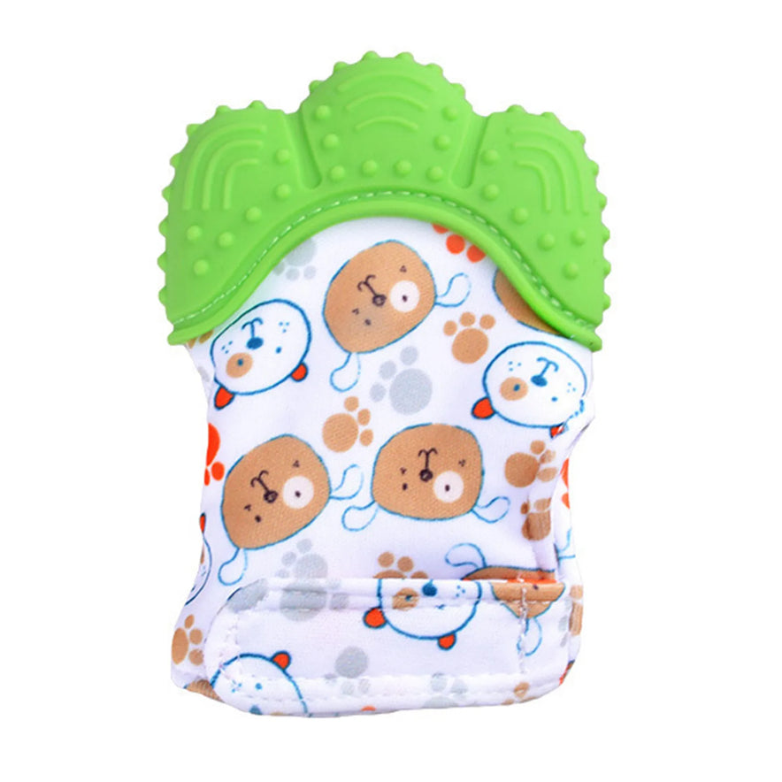 The Baby Silicone Mitts Teething Mitten Cartoon Shaped Glove Soft Teether is green, made from safe silicone, textured on top, and features a colorful fabric base decorated with adorable bear faces and paw prints.