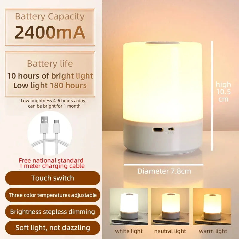 The Rechargeable Dimmable Touch LED Night Light is a compact cylindrical lamp for bedroom decor, measuring 10.5 cm high and 7.8 cm in diameter. It features USB recharging, a 2400mA battery for up to 180 hours of light, three color temperatures, and stepless dimming—ideal as a bedside light.