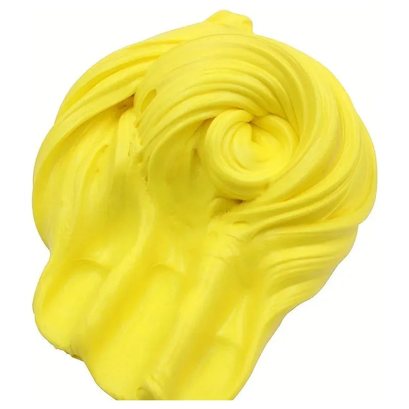 The Sensory 60ml Butter Slime Polymer Putty, in bright yellow with a smooth, glossy texture, is artfully swirled into a spiral against a white background, highlighting its non-sticky formula.