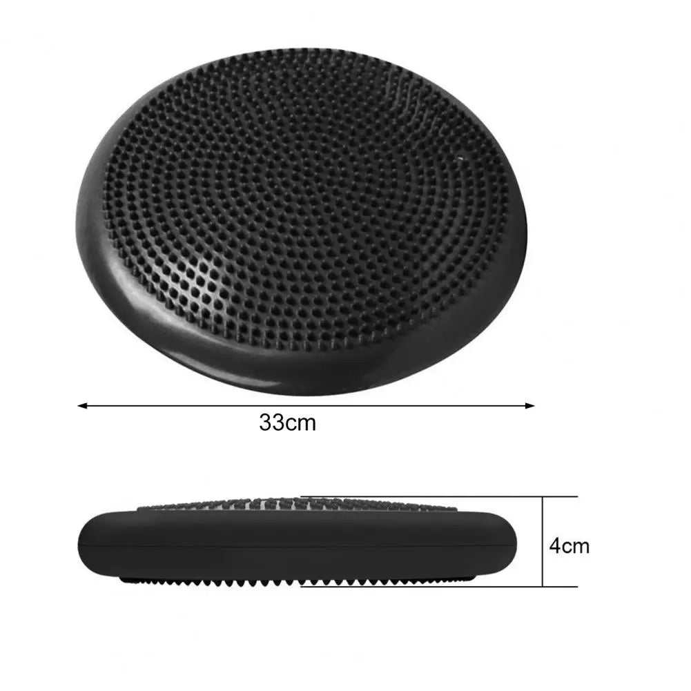 The Non-Slip Balance Training Mat Set includes a round black air cushion disc with a textured surface, perfect for yoga or core exercises. It measures 33cm in diameter and 4cm in height, and both top and side views are shown for size reference.