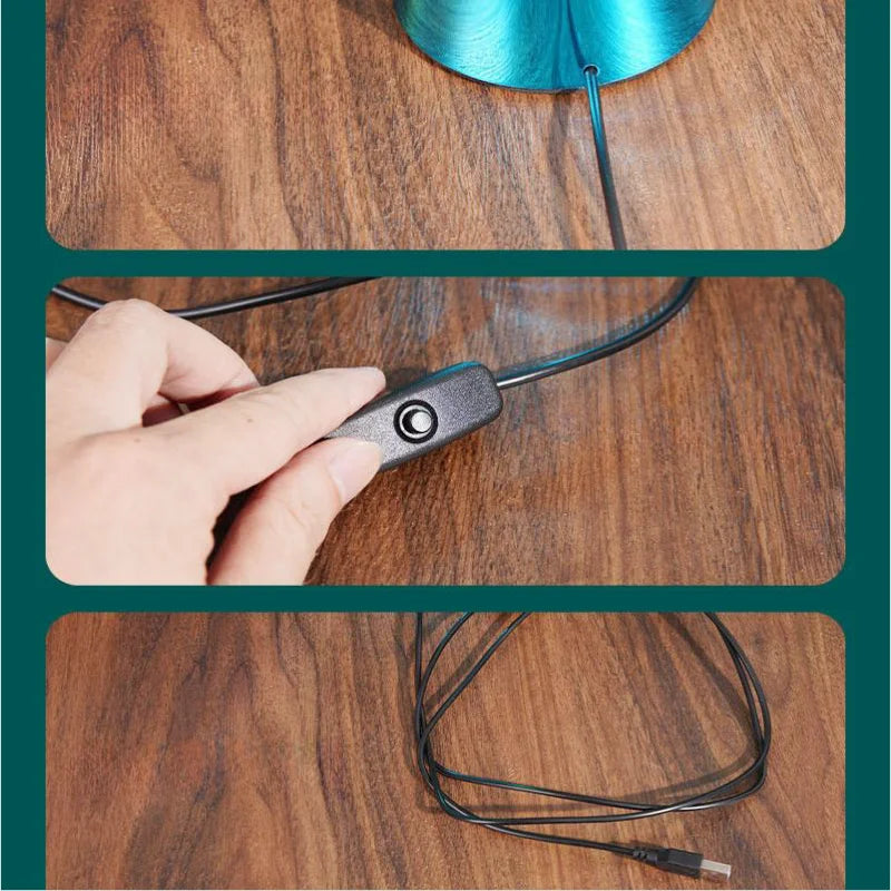 Close-up images of the Color-Changing LED Glitter Lava Lamps black power cord. Top: Cord connected to a teal lamp base on wood, amplifying its magic. Middle: Hand holding the cords switch. Bottom: Full cord length with USB connector on floor.