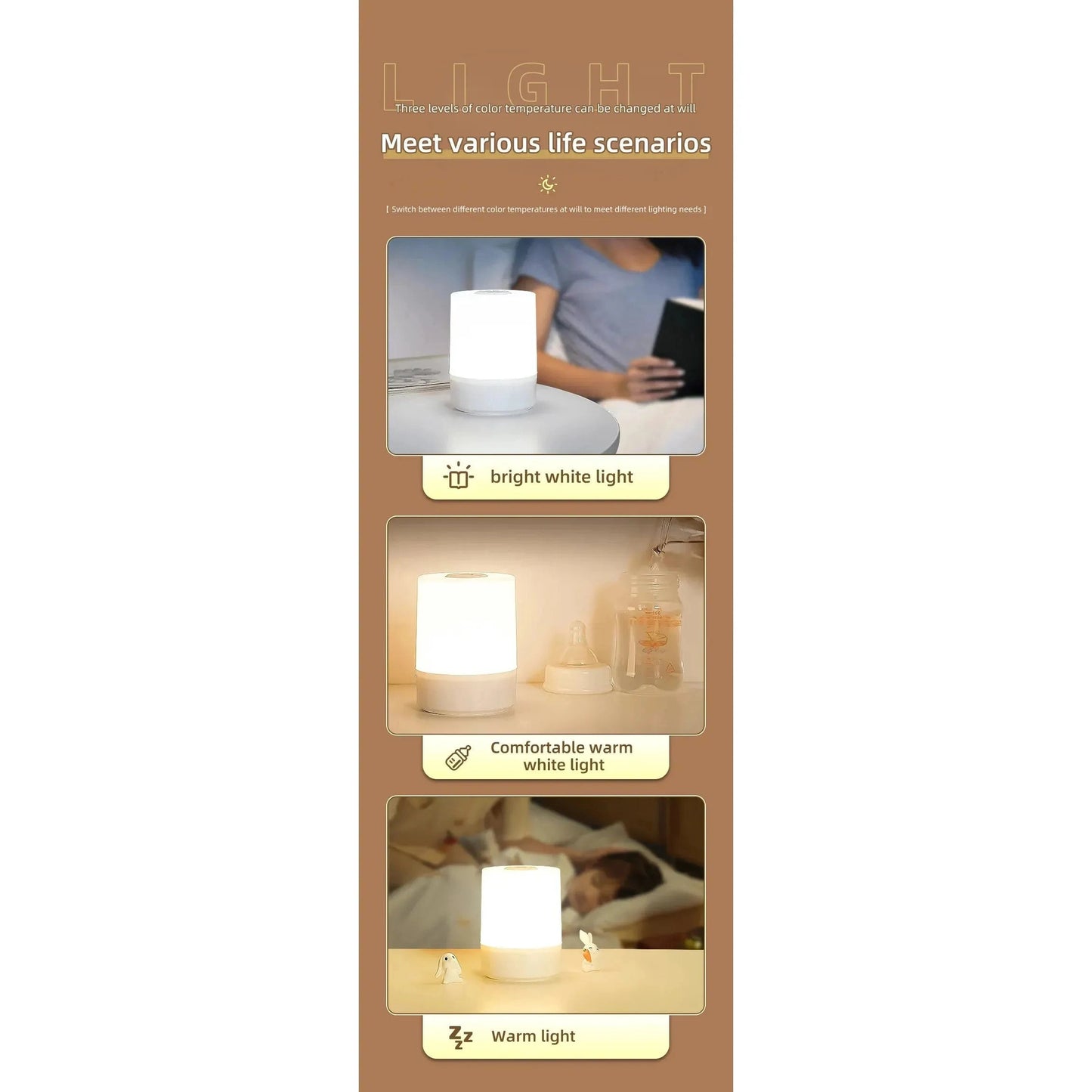 A vertical brown banner features the Rechargeable Dimmable Touch LED Night Light USB Table Lamp, highlighting its versatility with scenarios of bright white reading light, dimmable warm bedside tones, and relaxing warm light. Ideal as a Christmas gift for kids and perfect for diverse life situations.