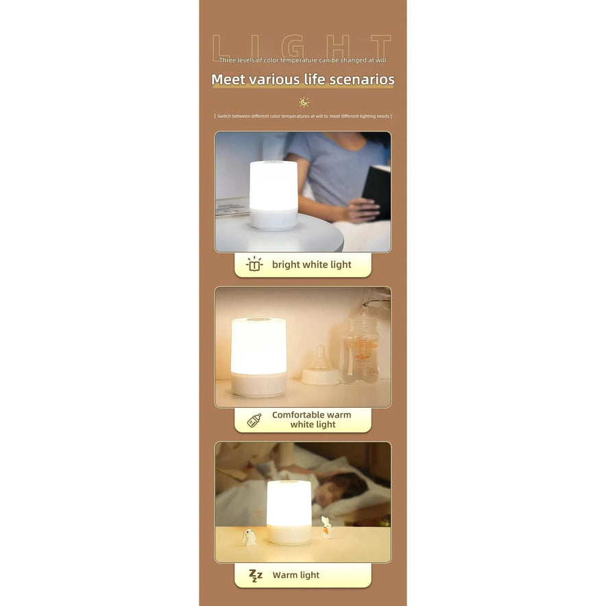A vertical brown banner features the Rechargeable Dimmable Touch LED Night Light USB Table Lamp, highlighting its versatility with scenarios of bright white reading light, dimmable warm bedside tones, and relaxing warm light. Ideal as a Christmas gift for kids and perfect for diverse life situations.