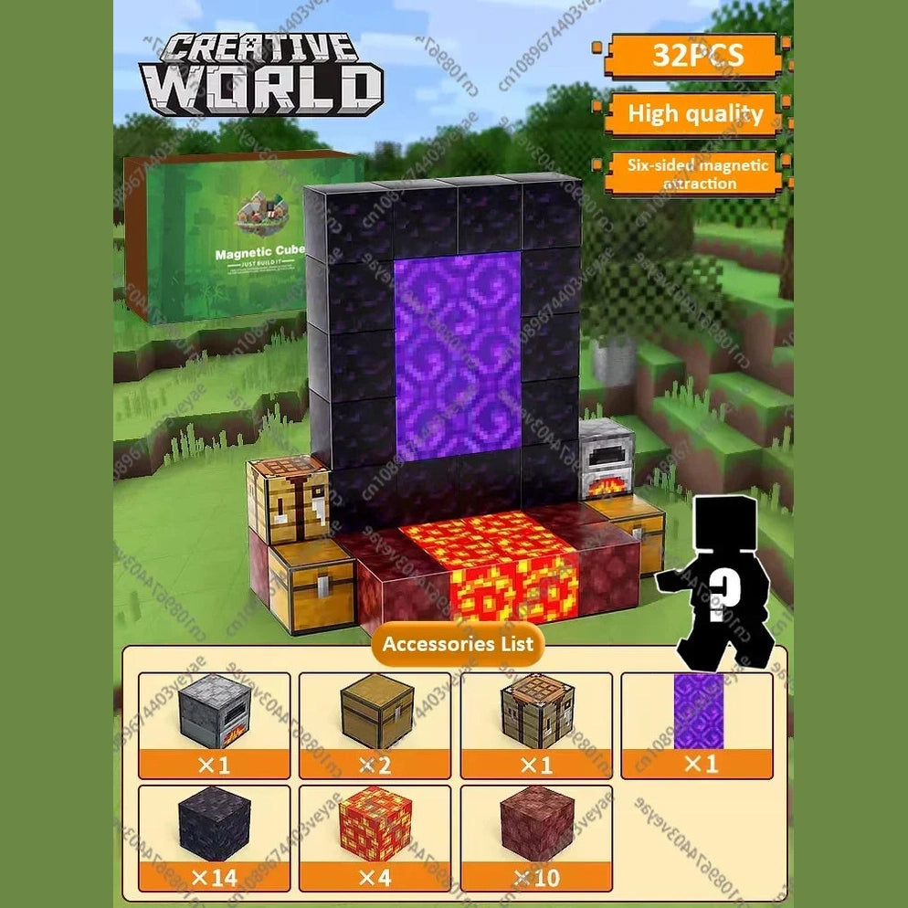 The Magnetic Building Blocks Mine World Magnet Cube Set (T043-32PCS) for kids 3+ features a blocky portal scene on the box, resembling Minecraft, and includes 32 sensory pieces with all blocks and accessories shown at the bottom.