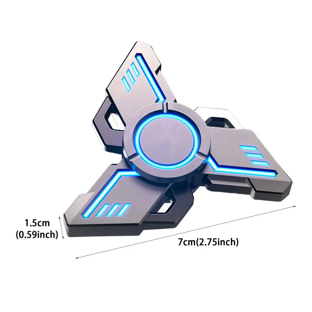 A futuristic Spinner Gyroscope Toy with blue LED lights and three angular arms, featuring a circular center and geometric designs. It measures 1.5 cm in height and 7 cm in width, enhancing focus perfectly.