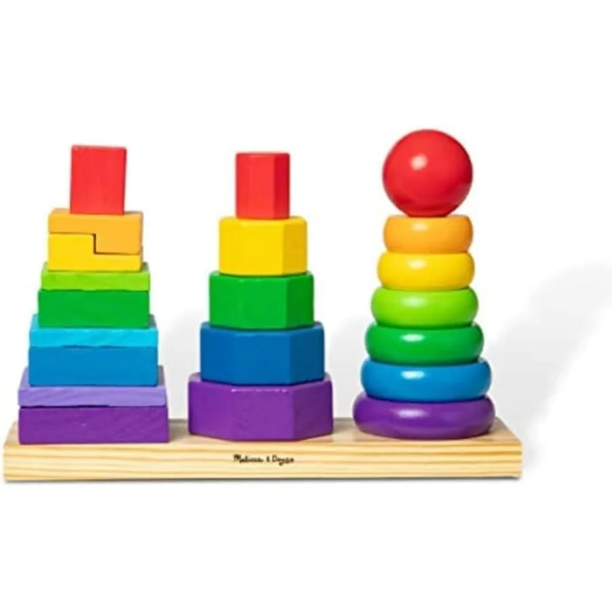 The Melissa and Doug Geometric Stacker Wooden Educational Toy features colorful wooden shapes—including squares, hexagons, and circles—stacked on a wooden base, encouraging fun geometric exploration for kids.
