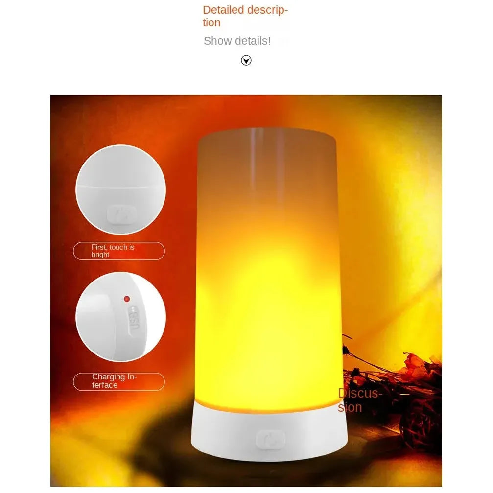 The Simulated Flame LED Night Light, a cylindrical lamp emitting warm yellow light, features realistic flame simulation and insets highlighting its touch-sensitive button and charging interface against a blurred orange-yellow gradient for versatile use.