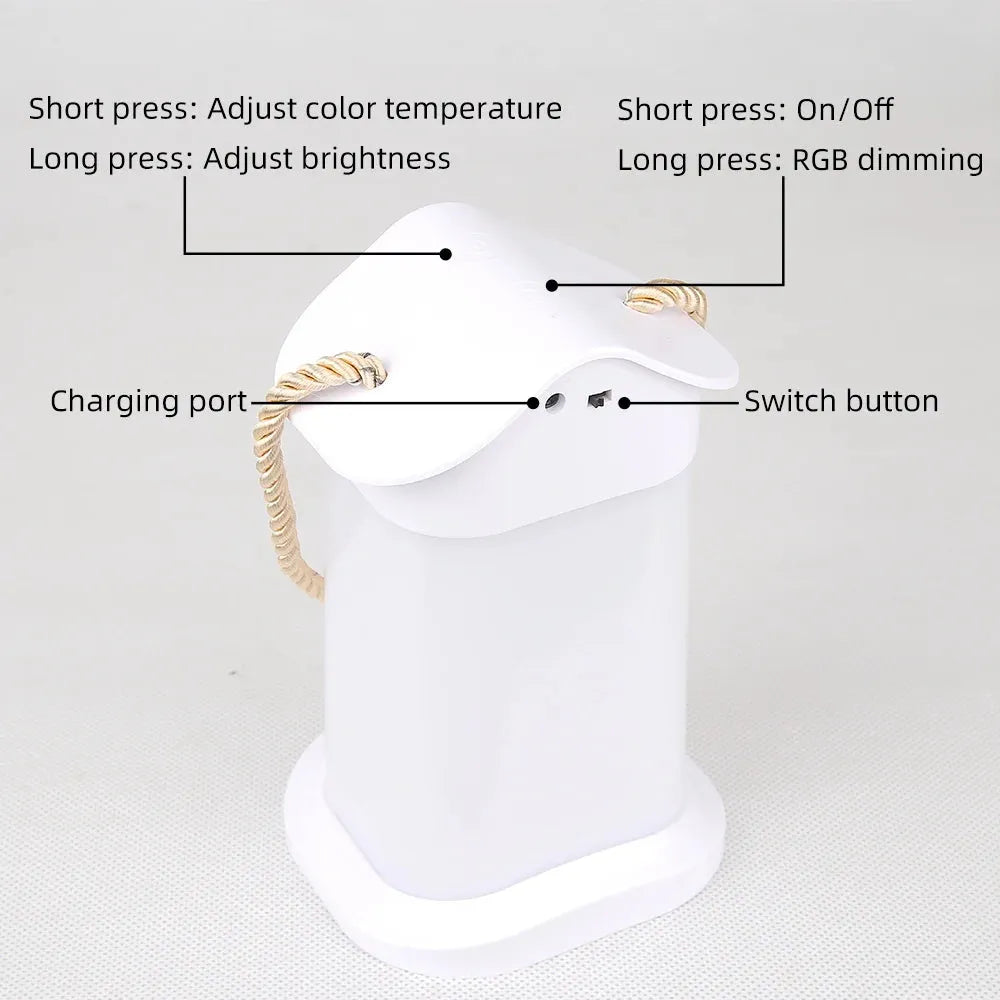 This rechargeable dimmable touch LED night light, featuring a gold handle and control panel, adjusts color temperature with a short press and brightness/RGB dimming with a long press. It includes USB charging and is an ideal bedside lamp or Christmas gift for kids.