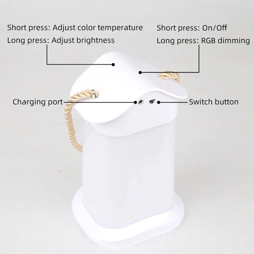 This rechargeable dimmable touch LED night light, featuring a gold handle and control panel, adjusts color temperature with a short press and brightness/RGB dimming with a long press. It includes USB charging and is an ideal bedside lamp or Christmas gift for kids.