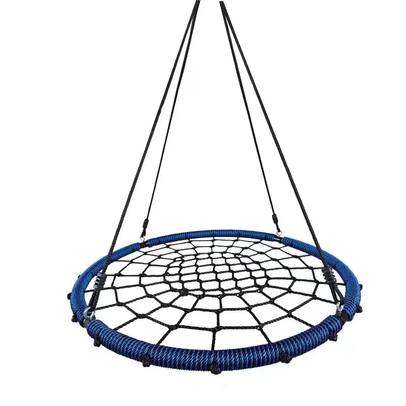 The Diameter 100CM Round Nest Rope Swing Indoor Outdoor Hanging Chair for Climbing Exercise and Play features a blue frame, black netting, and four black ropes, ideal for recreation, shown isolated on a white background.