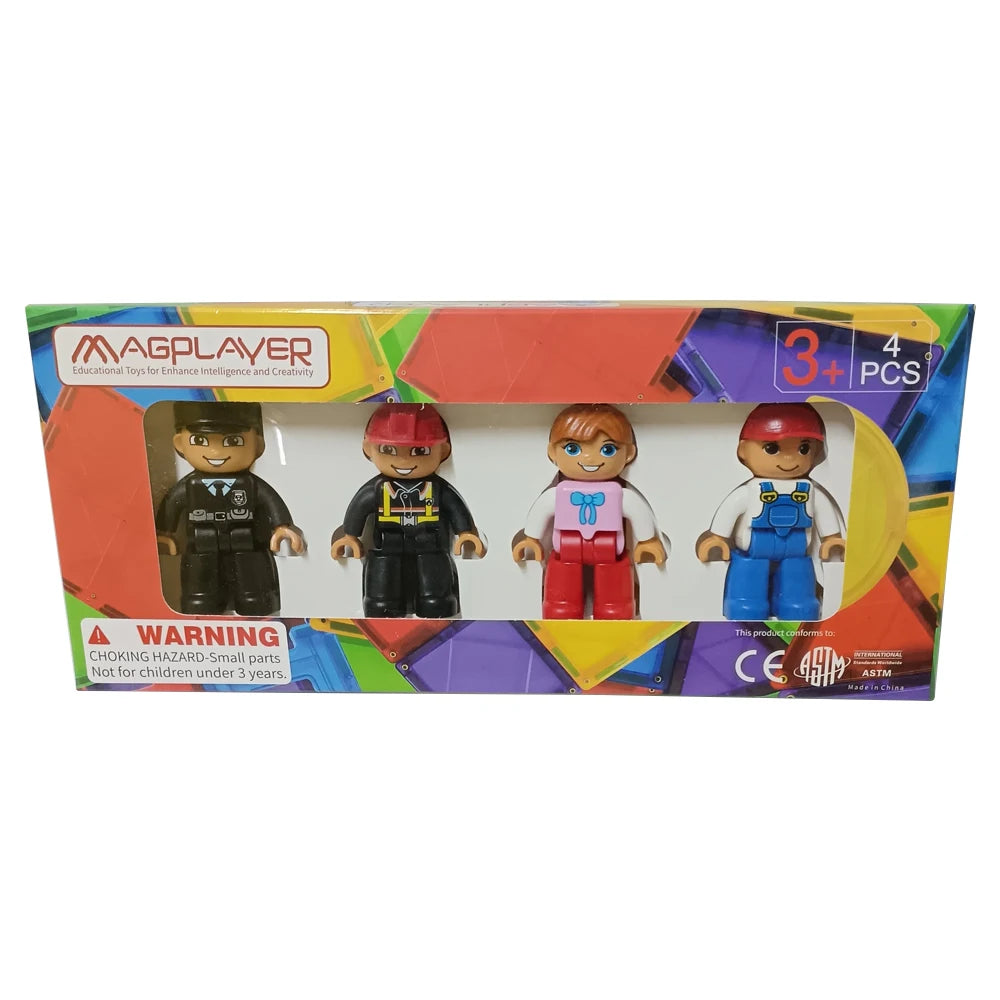 The box includes four toy figures with diverse outfits and hairstyles, plus magnetic tiles for endless play. The colorful packaging features the MAGPLAYER brand, recommends ages 3+, and warns about small parts for children under 3 years. Product: Creative Magnetic Building Blocks Set for Kids.