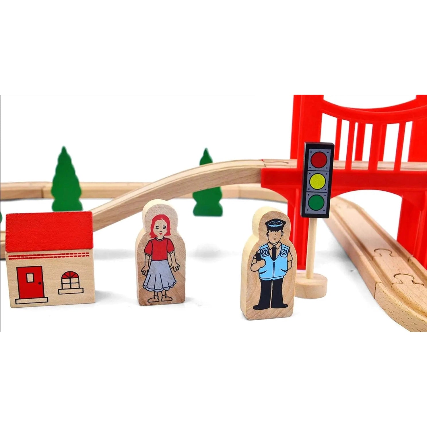 The Wooden Train Set includes 39 pieces—train tracks, red bridge, traffic light, trees, and figures—compatible with Thomas, Brio, IKEA & Melissa and Doug. Classic wooden toys for ages 7-12; no batteries required.