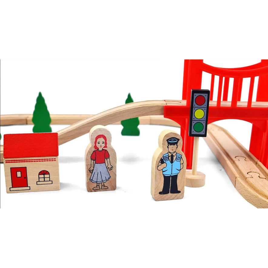 The Wooden Train Set includes 39 pieces—train tracks, red bridge, traffic light, trees, and figures—compatible with Thomas, Brio, IKEA & Melissa and Doug. Classic wooden toys for ages 7-12; no batteries required.