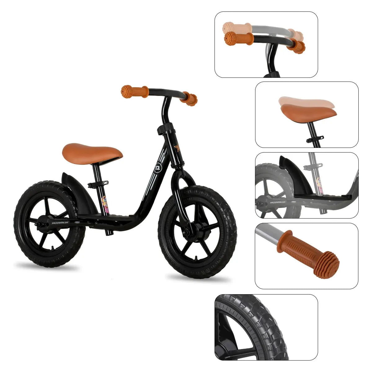 The JOYSTAR Kids Balance Bike for Toddlers, suited for ages 18 months to 5 years, features brown handlebars and a comfy seat. Inset images showcase the craftsmanship of the handlebar grip, seat, and wheels on this lightweight push bike with an adjustable seat and footrest.