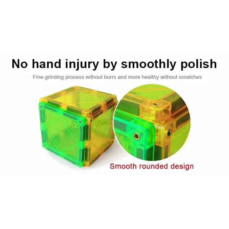 The image displays a translucent green and yellow cube from the Magplayer Magnetic Construction Blocks for Kids set, featuring No hand injury by smoothly polish and Smooth rounded design. A zoomed inset highlights its polished finish, perfect for creative STEM learning.