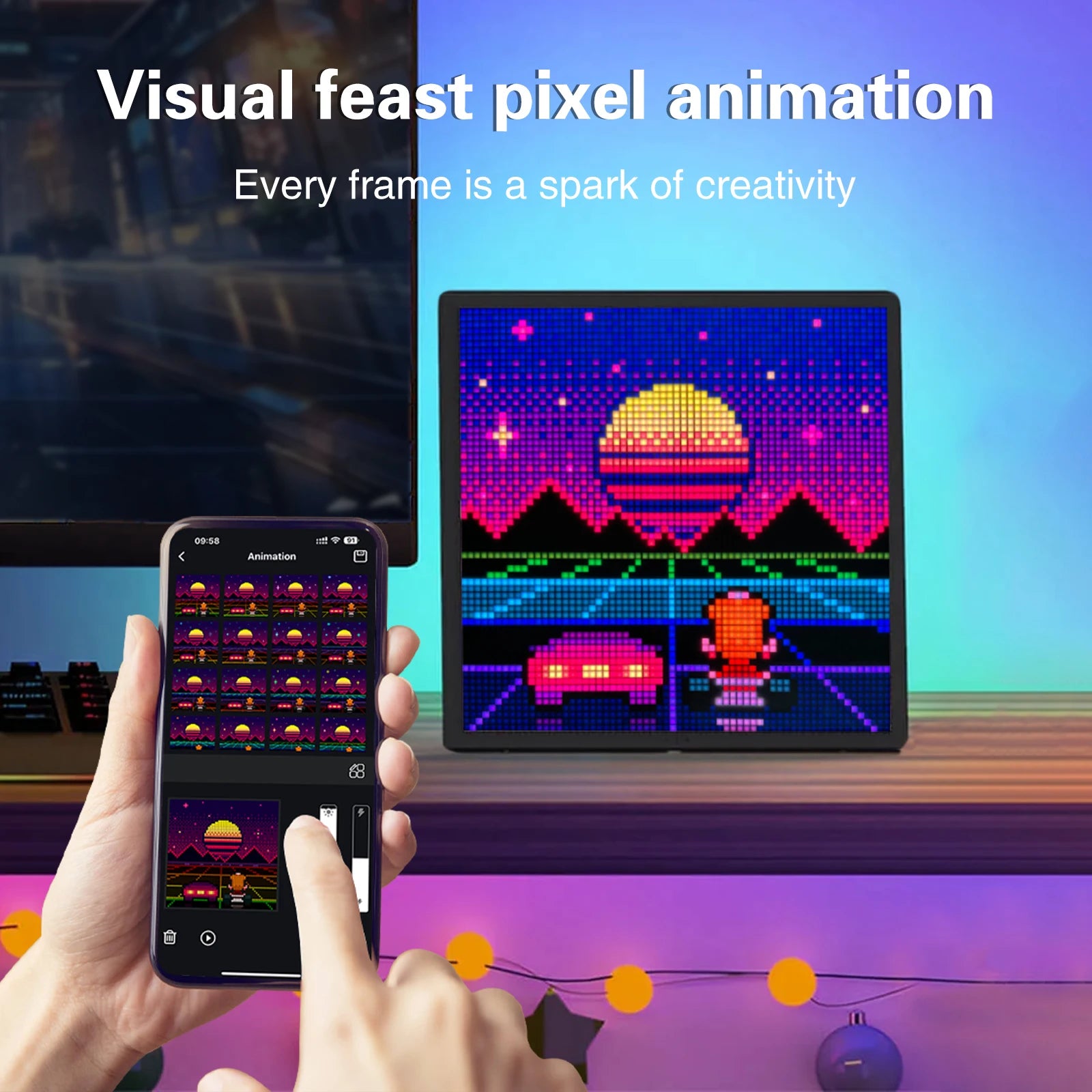 A hand holds a phone showing pixel art options, while the LED Pixel Display 64x64 RGB Matrix Panel on the desk displays a colorful 8-bit sunset with a car. Text above reads: Visual feast pixel animation—every frame sparks creativity.