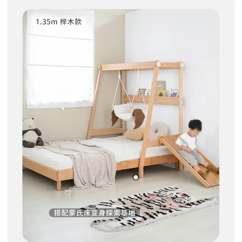 A cozy childrens bedroom showcases the Versatile Solid Wood Childrens Bed with Climbing Frame and Swing Features. A child in a white shirt enjoys the slide, surrounded by plush toys, a light brown blanket, and a patterned rug, creating a perfect playful haven.