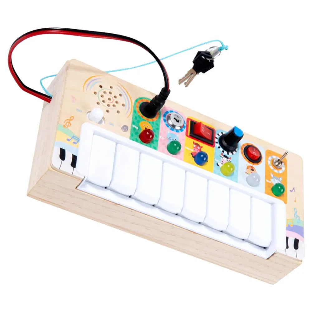 Meet the Multifunctional LED Piano Busy Board for Toddlers, an educational wooden activity toy. Featuring colorful keys, buttons, and a speaker for creative fun, it enhances fine motor skills with its decorative top making learning irresistibly enjoyable!.