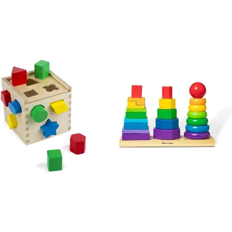 On the left is the Melissa and Doug Geometric Stacker Wooden Educational Toy Shape Sorting Cube with 12 colorful shapes; on the right, three stacker toys display rainbow geometric pieces and rings sorted by size on vertical rods.