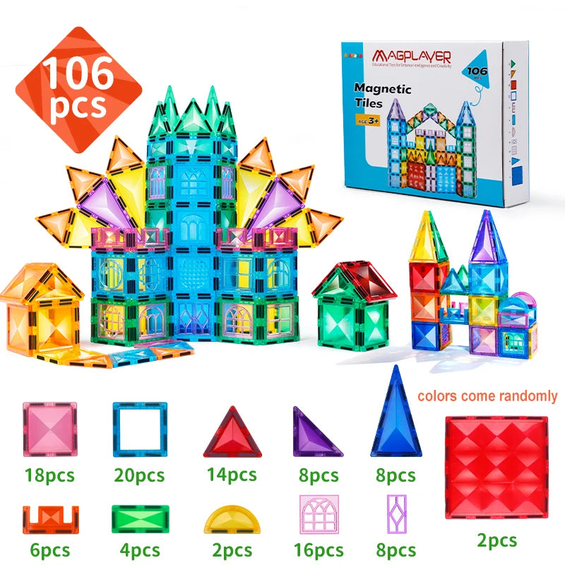 Explore interactive learning with the Montessori Magnetic Building Blocks Set. This 106-piece MAGPLAYER box includes colorful, assorted tiles for creative DIY construction. Perfect for young builders to form structures like castles and houses, ensuring endless educational play with diverse shapes.