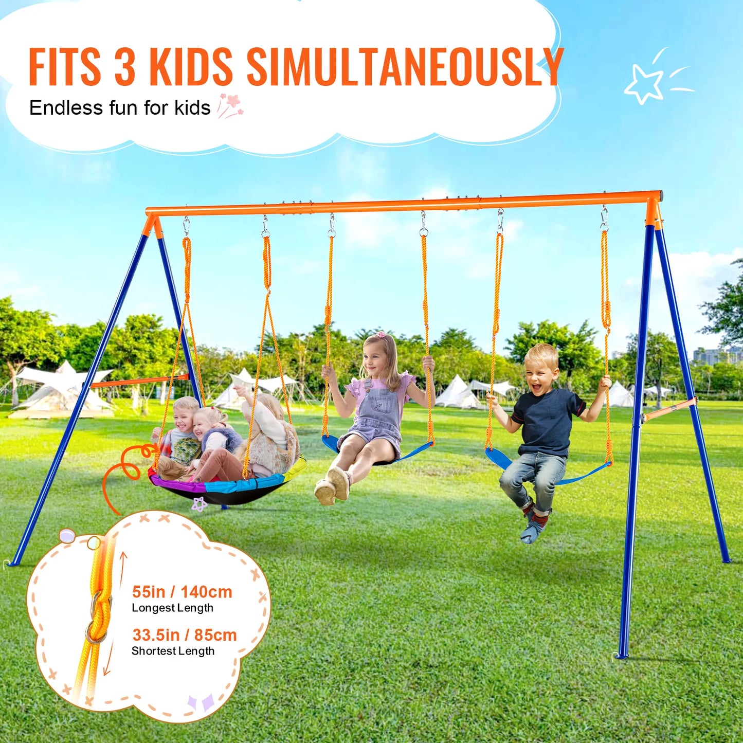 Three children are enjoying the Backyard Adventure Swing Set with Saucer and Belt Swings for Kids, featuring an orange top bar with sturdy blue legs. Set on grass with tents nearby, it includes swing ropes measured in centimeters and inches, perfectly accommodating three kids for endless fun.