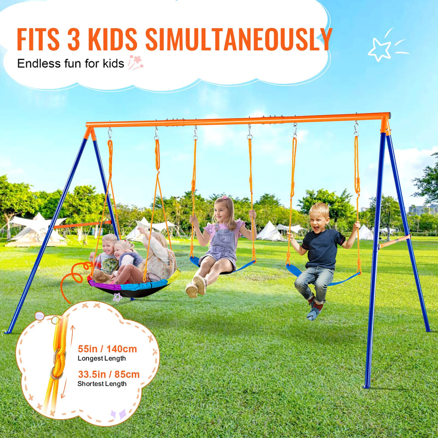 Three children are enjoying the Backyard Adventure Swing Set with Saucer and Belt Swings for Kids, featuring an orange top bar with sturdy blue legs. Set on grass with tents nearby, it includes swing ropes measured in centimeters and inches, perfectly accommodating three kids for endless fun.