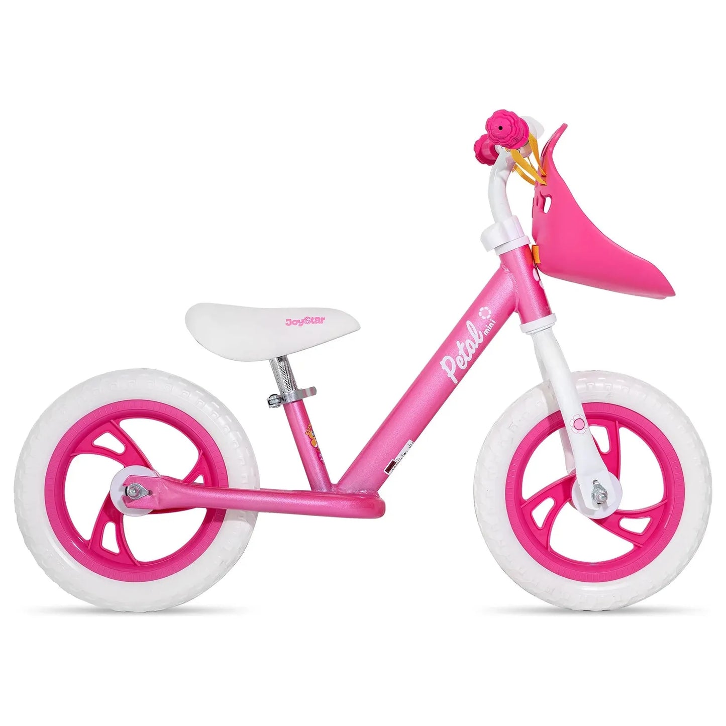 The Lightweight Kids 12/14 Balance Bike features a sturdy steel frame in pink, with white tires, white handlebars, a pink/white seat, a decorative pink/yellow flower on the handlebars, and a handy pink basket. Ideal for ages 18 months to 6 years. Free shipping in the US!.