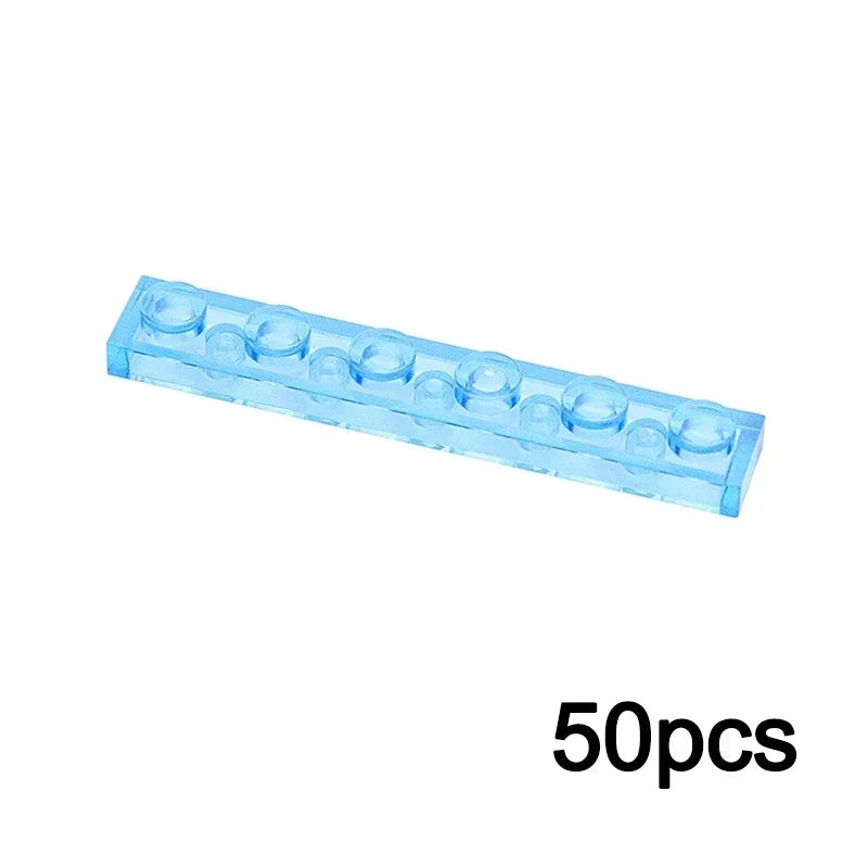 A 1x6 transparent light blue brick from the MOC Transparent Bulk Brick Set is shown, perfect for expanding your collection with Lego-compatible clear wall panel house parts.