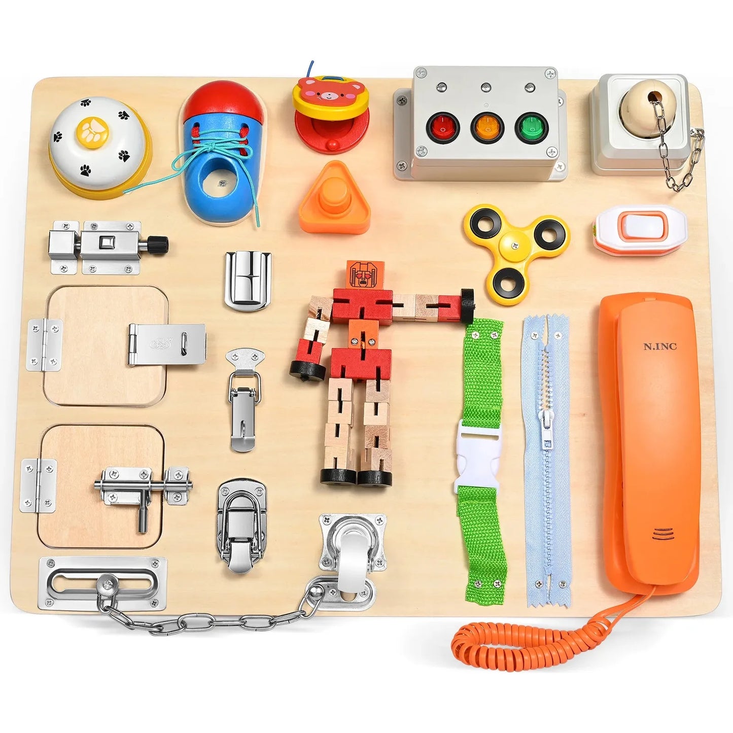 The Interactive Wooden Activity Board for Children is an engaging sensory learning toy with latches, a rotary dial toy phone, gears, a fidget spinner, switches, Montessori materials including a robot figurine and doorbell button, and other interactive elements.