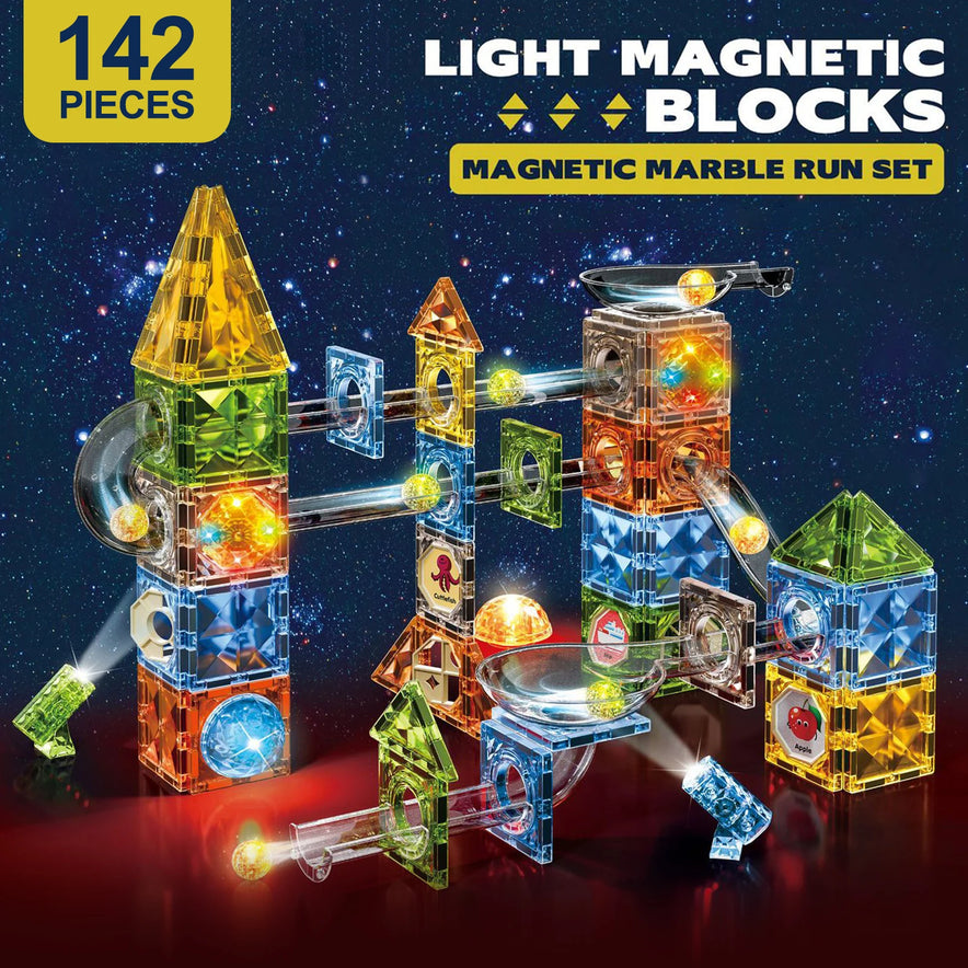The Magnetic Marble Run Building Blocks Set is a 142-piece STEM toy featuring colorful translucent towers and tracks on a starry backdrop, with illuminated blocks in shapes like cones, cylinders, and cubes for creativity and exploration.