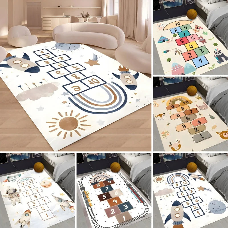 Collage of six Hopscotch Printing Carpets—colorful, non-slip polyester rugs with playful designs like rockets and rainbows—displayed in bright rooms as washable mats for bedroom, living room, balcony, bathroom, kitchen, or entryway.