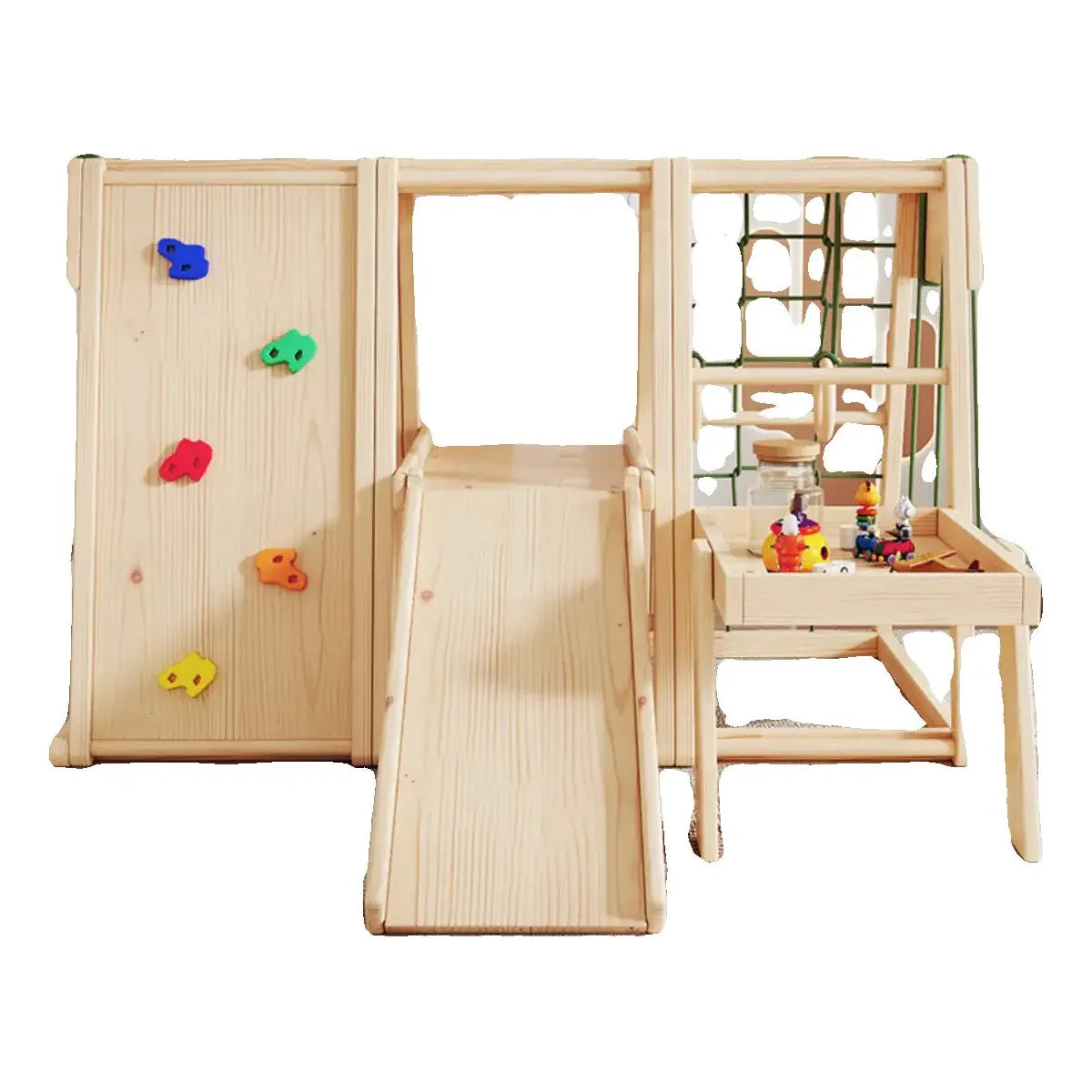Unleash indoor adventure with the Indoor Wooden Climbing Frame for Kids, featuring a vibrant wall, slide, and swing. This sensory play set encourages creativity and development while ensuring fun indoors!.