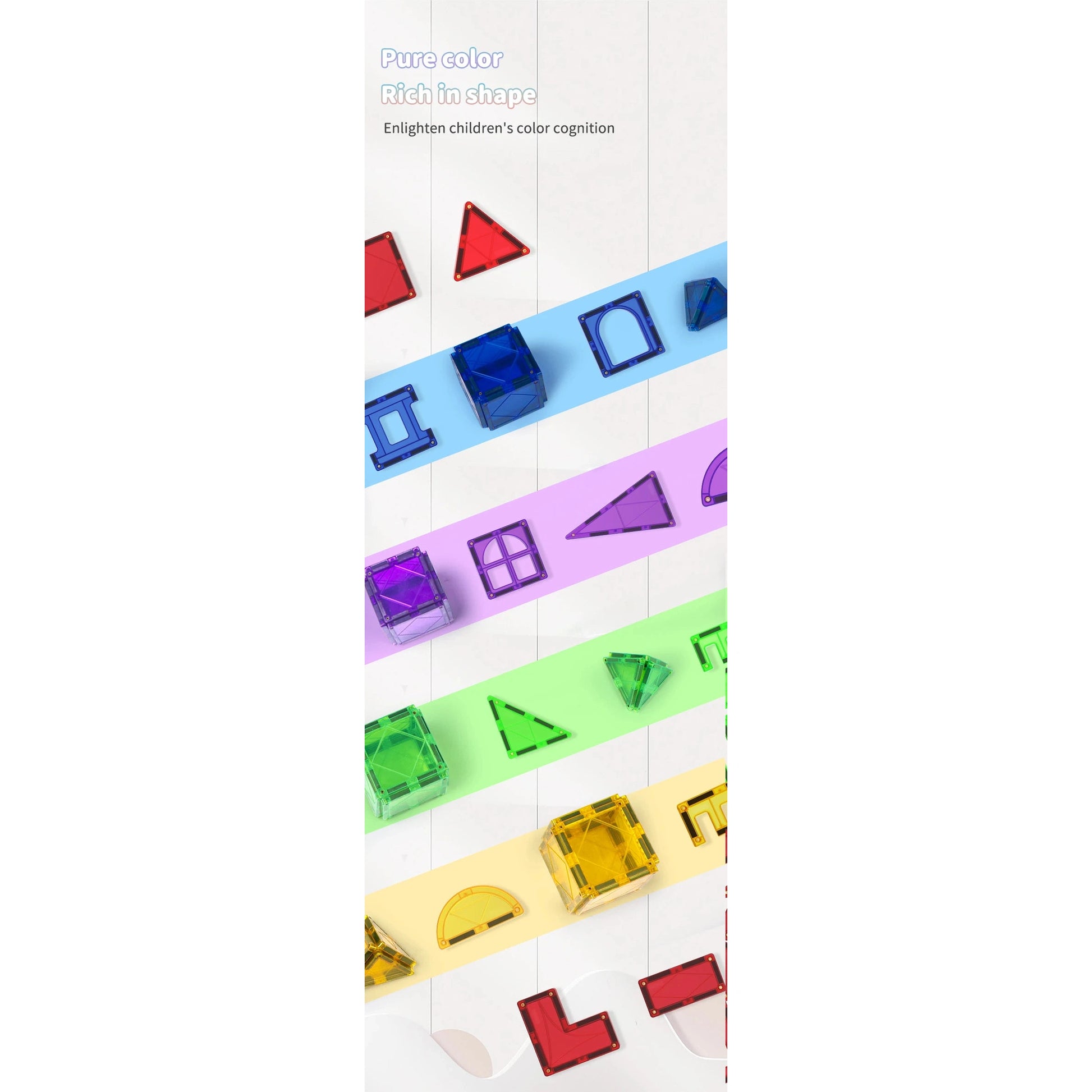 Diagonally arranged colorful geometric shapes on pastel strips resemble a sensory toy, featuring 3D transparent cubes, cylinders, and triangles in red, blue, purple, green, and yellow. The text in the top left corner says “Pure color Rich in shape.” .