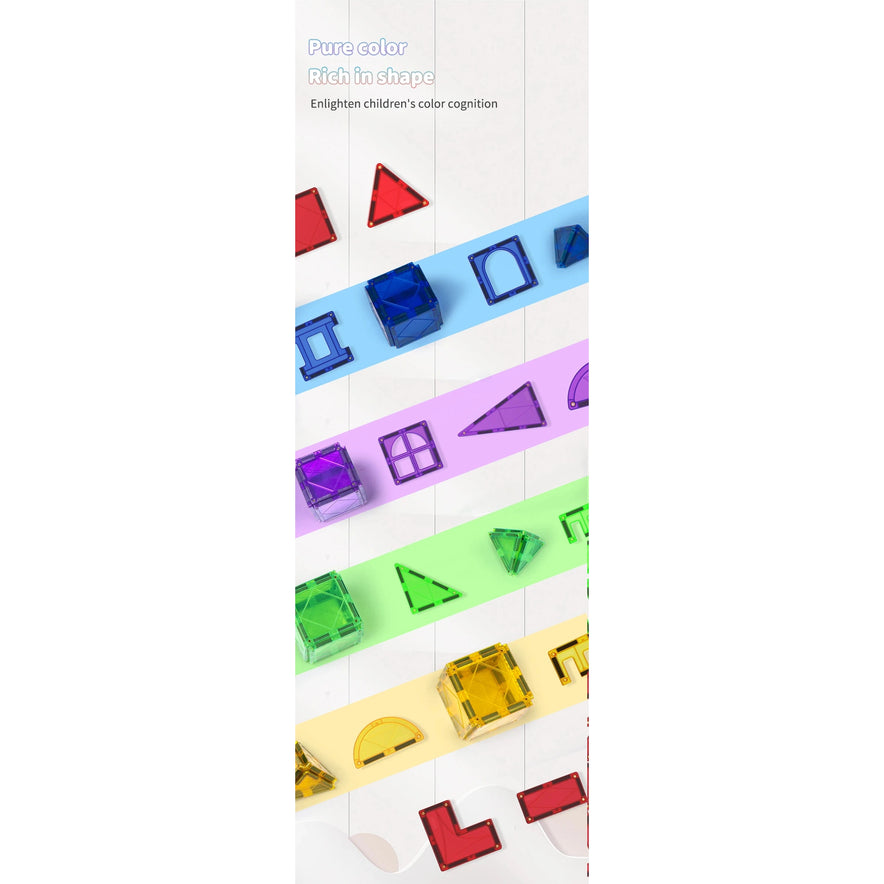 Diagonally arranged colorful geometric shapes on pastel strips resemble a sensory toy, featuring 3D transparent cubes, cylinders, and triangles in red, blue, purple, green, and yellow. The text in the top left corner says “Pure color Rich in shape.” .